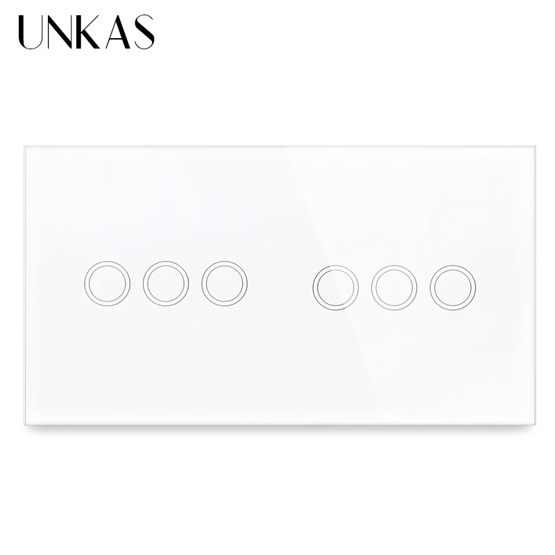 

UNKAS 6 Gang 1 Way EU Standard Olny Touch On/Off Function Light Button Switch 157mm Crystal Class Panel 300W Dual 3 Gnag Outlet