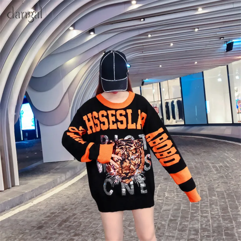 FahionHooded Sweater Women Female Sequined Tiger Sweaters Warm Pullover Knitted Winter Sequin Jumper | Женская одежда