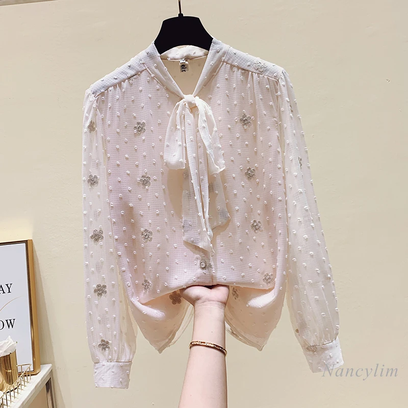 

Fashion Long Sleeve Chiffon Blouse for Women Elegant Lace Bow Coolar Office Lady All-Match Tops Shirts Blusas Mujer 2021 Spring