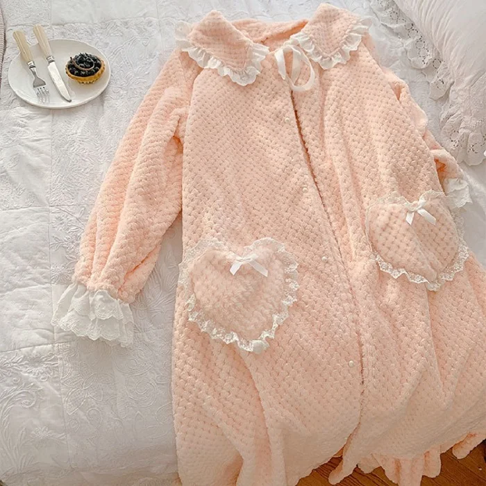 Orange Pink Осенне-зимнее мягкое теплое милое женское плотное Фланелевое платье винтажное платье принцессы с бантом и большим карманом, большие размеры, женское нижнее белье розового/фиолетового цвета - Цвет: Orange Pink