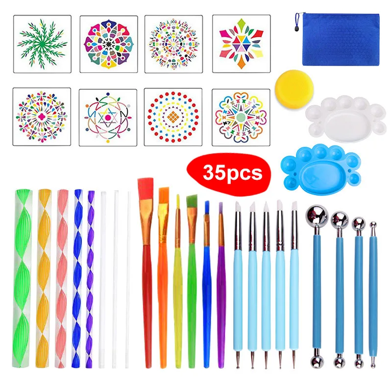 

35PCS DIY Mandala Dotting Tools Set for Painting Rock Stone Mandala Stencil Template Brush Paint Tray Kit