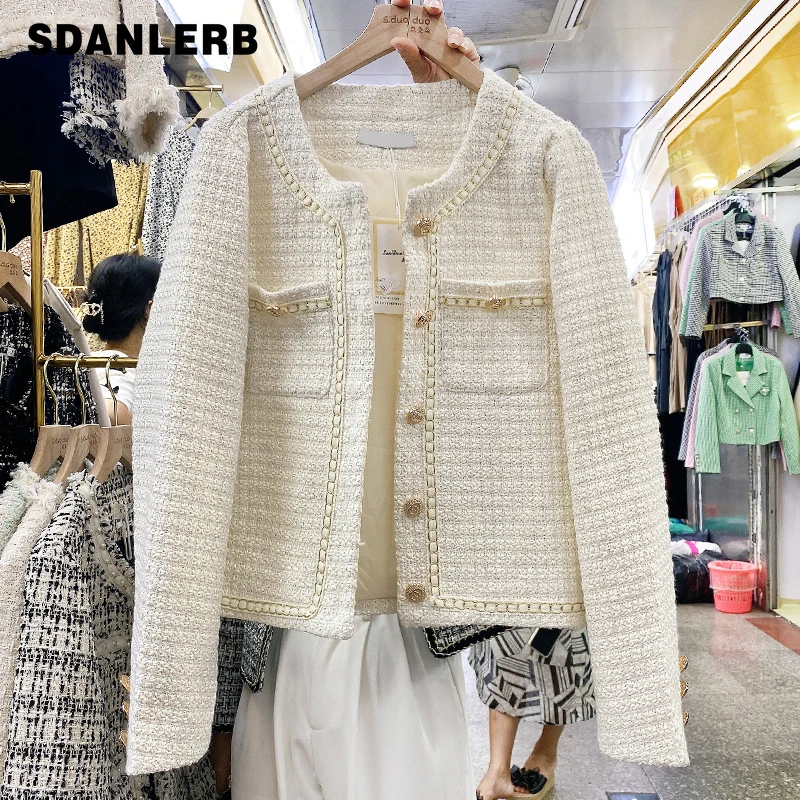 

Женское твидовое короткое пальто, однобортное белое пальто с длинным рукавом, универсальная однотонная одежда, осень 2021