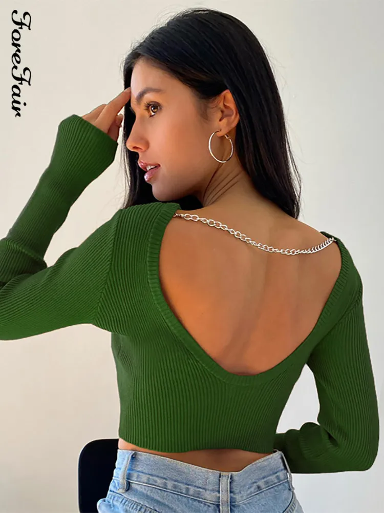 

Женский трикотажный кроп-топ с открытой спиной, с цепочкой и длинным рукавом