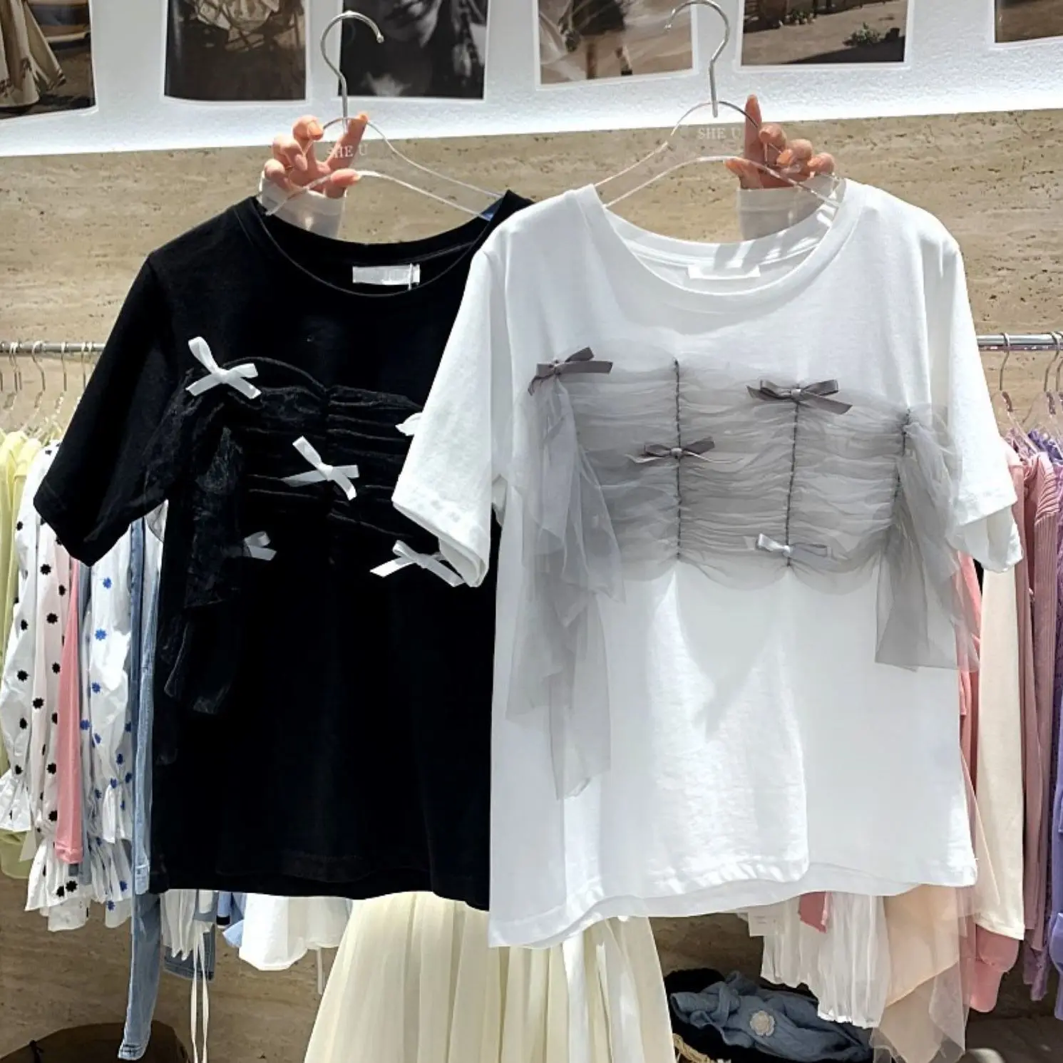 

2021 Summer New Arrival Korean Designer Woman T-shirt Gauze Lace Patchwork Bow O-neck Short Sleeve Female Casual Top