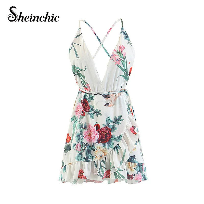 

Boho Vacation Bohemian Beach Dress 2021 Summer Vintage Elegant Ruffles Flower Printed Mini Dresses for Women