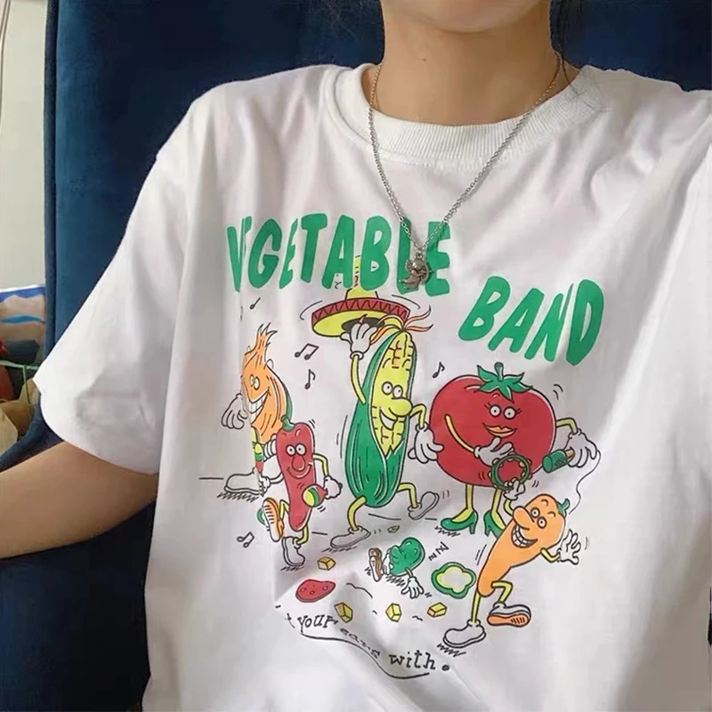 

Vegetable Print Funny Uniex Tees White Cotton Graphic Shirt Summer Short Sleeve Round Neck T-shirts Grunge
