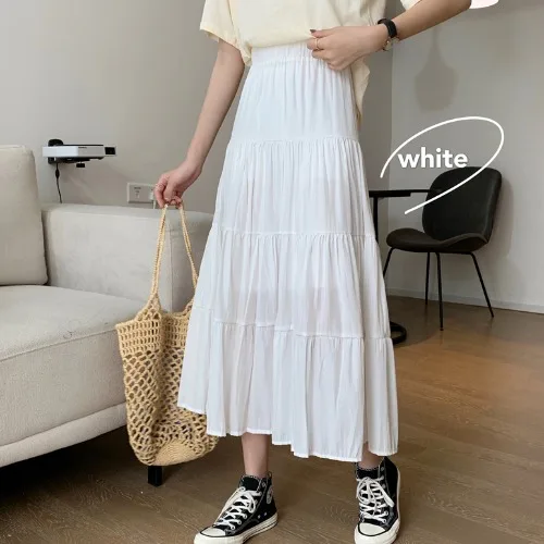 

Spring Summer Women Chiffon Skirts Vintage High Waist Elastic Patchwork White Black Chic Long Cake A-line Skirt for Student
