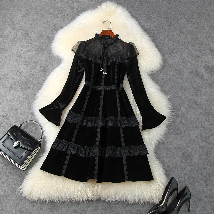 

Европейская и американская Женская одежда, зима 2020, новый стиль, с роговым рукавом, с длинным рукавом, с воротником, модное кружевное лоскутн...