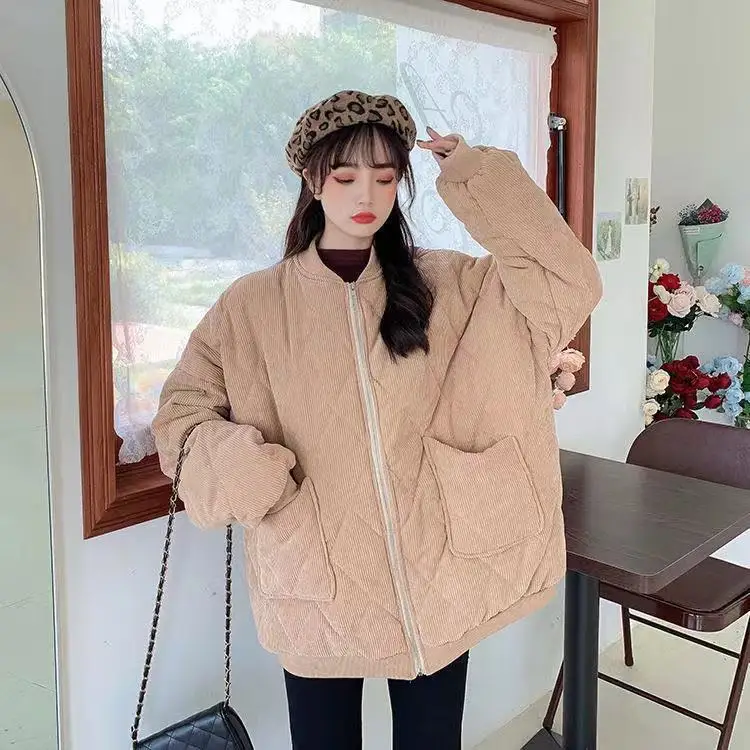 Plus Velvet Warm Cotton Jacket Autumn and Winter New Corduroy Loose Simple Korean Style Trendy Fashion All-match Cotton Jacket