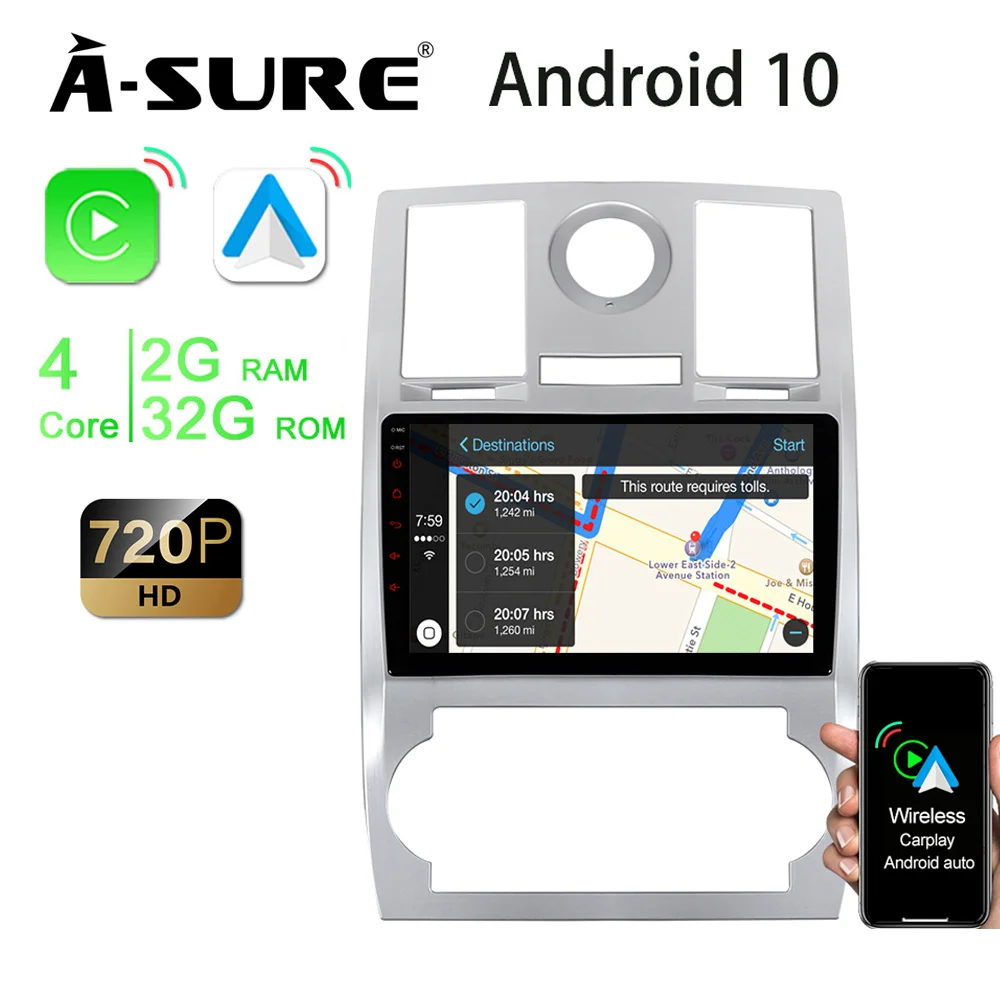

A-Sure 2 Din 9-дюймовый автомобильный радиоприемник, беспроводной Android Авто CarPlay 1280*720 IPS DSP BT WIFI GPS-навигация для Chrysler 300C 2005-2010