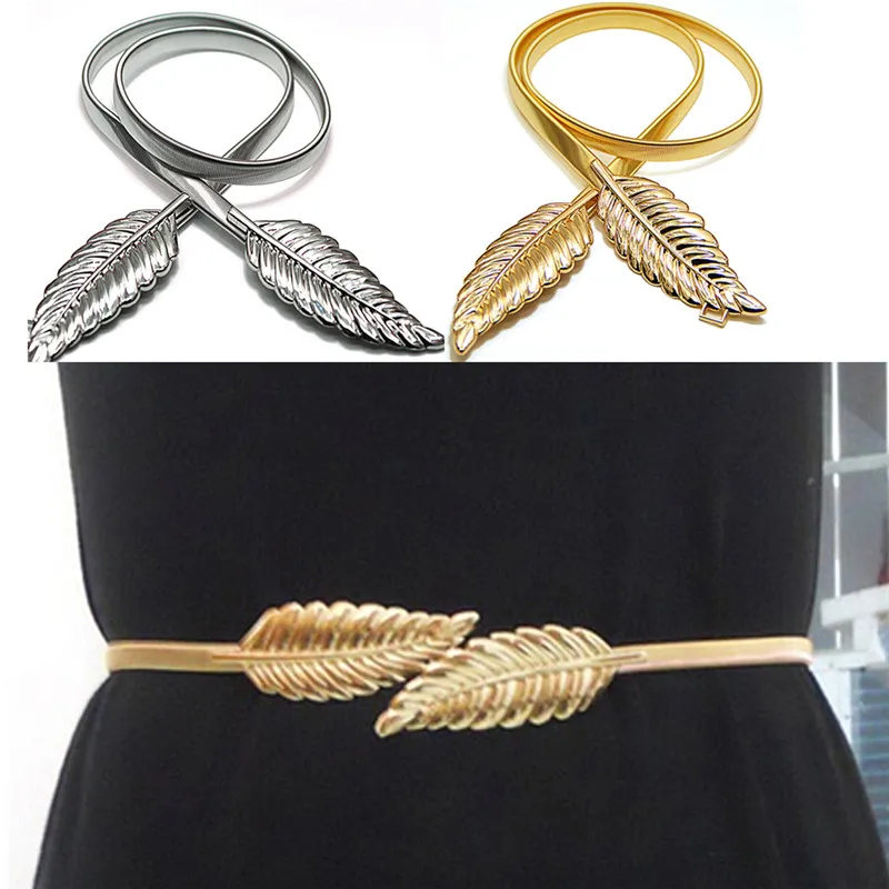 

78cm length fashion Women Belts Leaf Design Clasp Front Stretch Metal Waist Belt Skinny Elastic