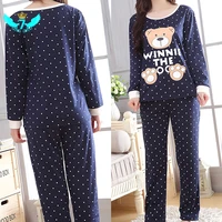 womens long sleeved trousers home service suit spring and autumn winter thin cartoon bear wave point cute loose pajamas toa