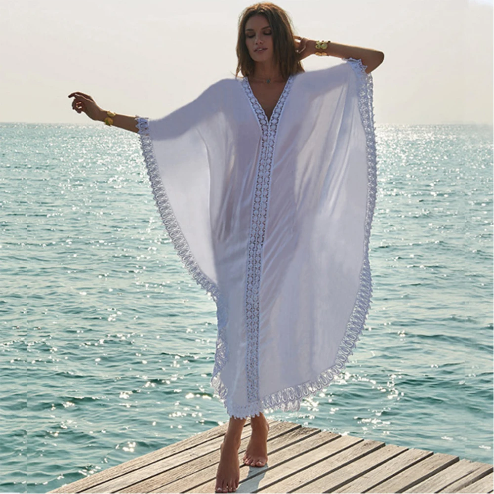 

Oversize Batwing Shirt Dress White Cotton Blouse Beachwear See Trough Maxi Dress Bikini Cover Up Tunic Robe De Plage Pareo