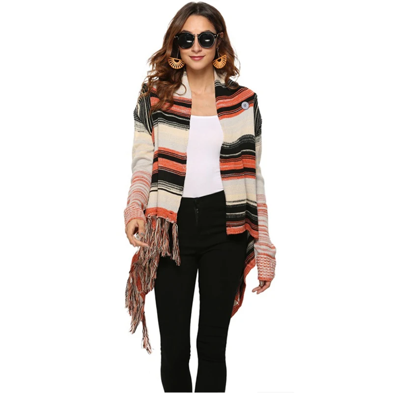 

Sweater Autumn And Winter 2021 Women's Clothing Loose Scarf Collar Striped Fringed Sweater Warm Long Sleeve Knit Jacket