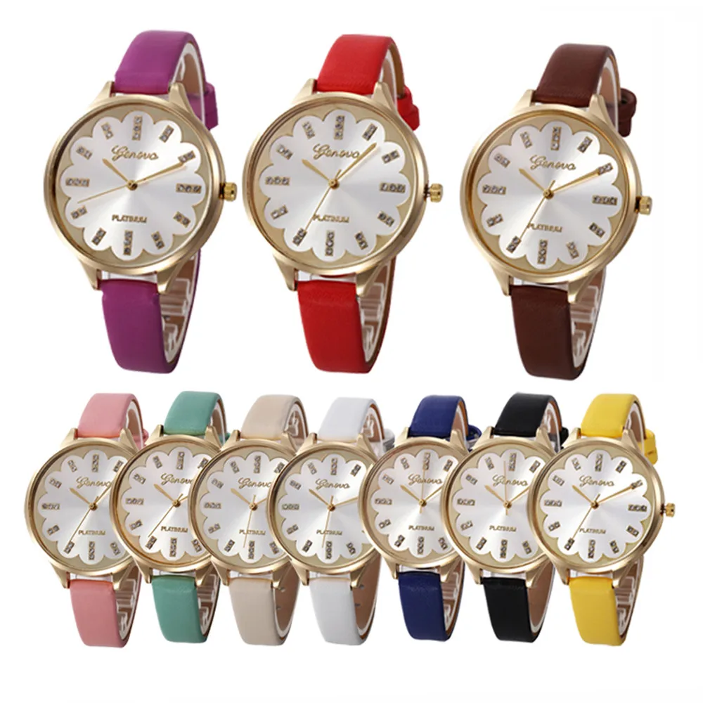 Geneva Fashion Love Diamond Dial Women Watch Ladies Dress Clock Leather Belt Analog Hot Sale Simple reloj mujer Montre femme | Наручные