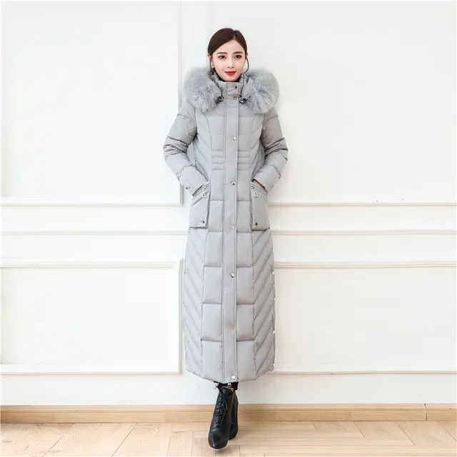 S- 4XL plus size Winter over the knee X-long 90% Duck down coat female X-Long thick warm Down Jacket real fox fur Parkas F442 - Цвет: gray