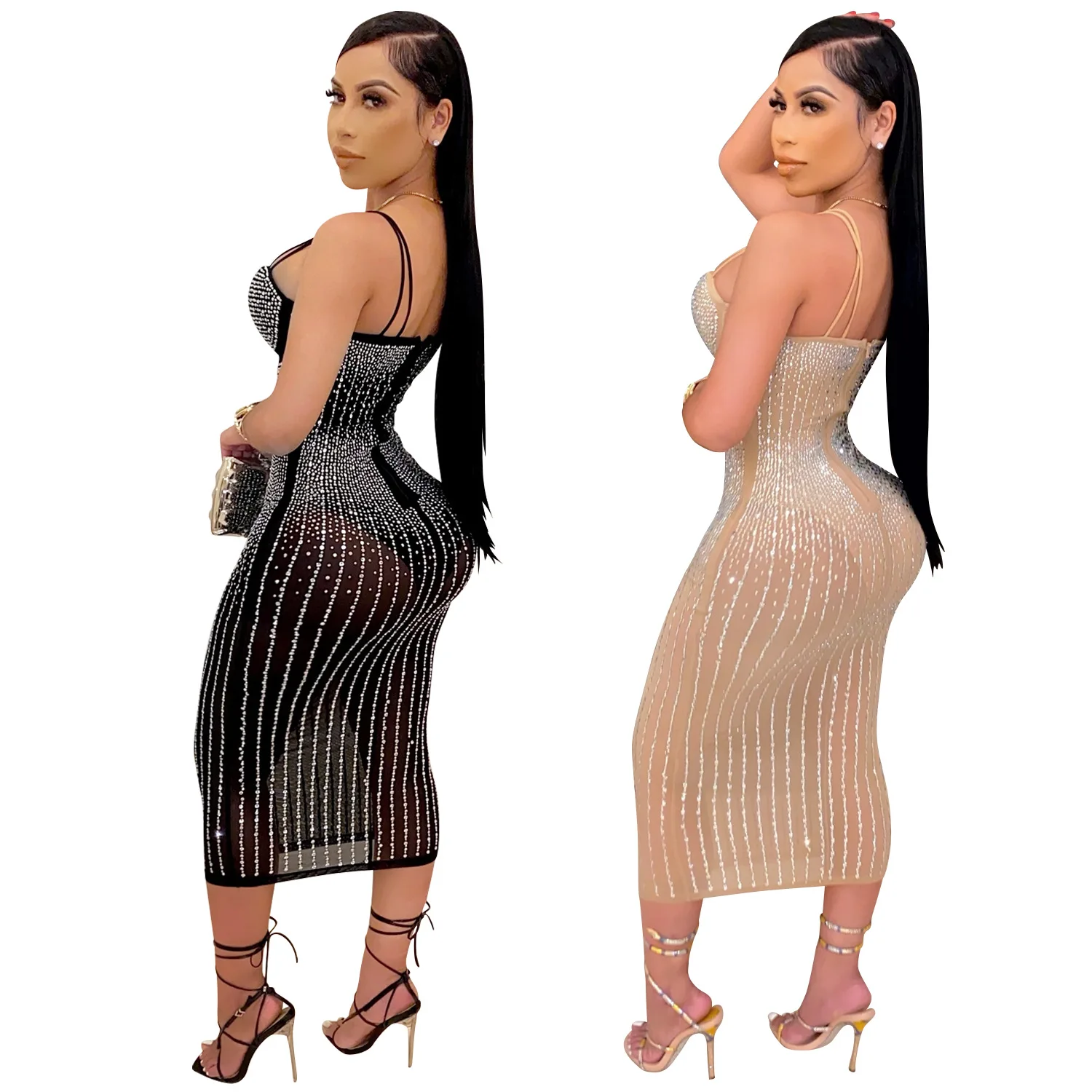 

Midi Dress Autumn Winter Nightclub Party Women'S Diamond Dress Sexy See Though Sling Bodycon Dress fashion hot selling