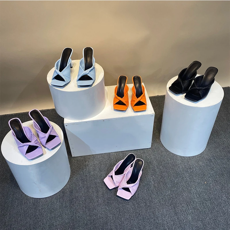 

Women Slippers Sandals 2021 Summer Super High Heels Sexy Genuine Leather Orange Pink Black Light Blue 10.5cm Pleated