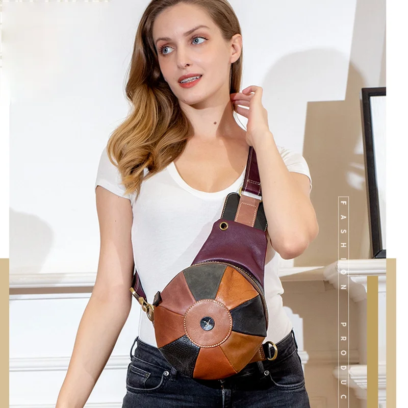 

Leather women's bag new style chest bag fashion women bag trend splicing chest outdoor earphone hole one shoulder hat bag purses