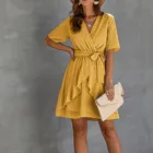 Платье женское летнее однотонное шифоновое с V-образным вырезом и эластичным поясом, с оборками и коротким рукавом, 2021