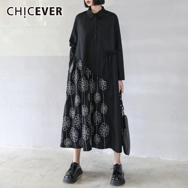 

CHICEVER Casual Korean Fashion Floral Print Casual Dress Females Lapel Collar Long Sleeve Loose Midi Dresses For Women 2021 New