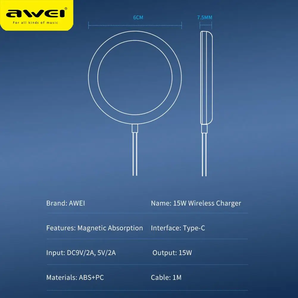 

Awei W10 Wireless Charger 15W Low Temperature Mini Qi Charging Pad Wireless Charger 110~205KHz Mobile Phone Accessories