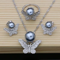 butterfly silver 925 bridal gray pearl beads jewelry sets for women needle earringspendantring animal jewelry necklace set