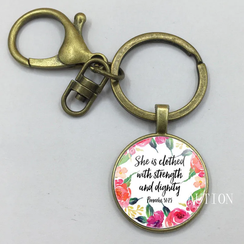 Ожерелье с надписью она одета из Библии и Притчи 31:25|Брелоки| |