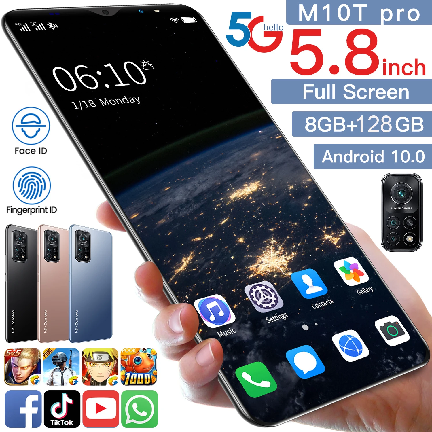 

Global Version M10T Pro 5.8 Inch Dual SIM+Micro SD MTK6763 4800mAh MobilePhone 8+512GB 13+24MP Fingerprint ID 8 Core Smartphone