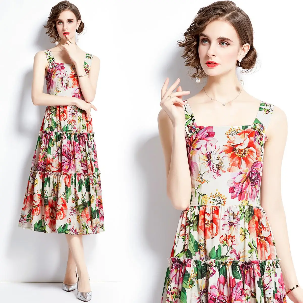 

Женское летнее короткое платье с цветочным принтом и лямкой на шее