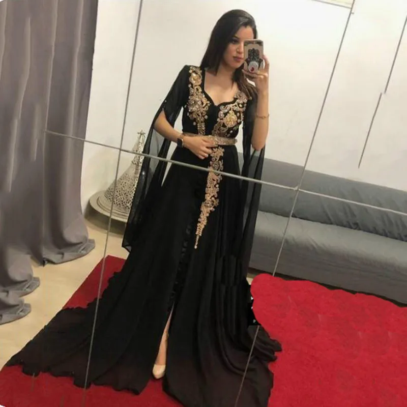 

Graceful Kaftan Muslim Evening Dress Black Arabic Dubai Prom Dresses 2021 A Line Full Length Chiffon Sleeve Gold Lace Party Gown