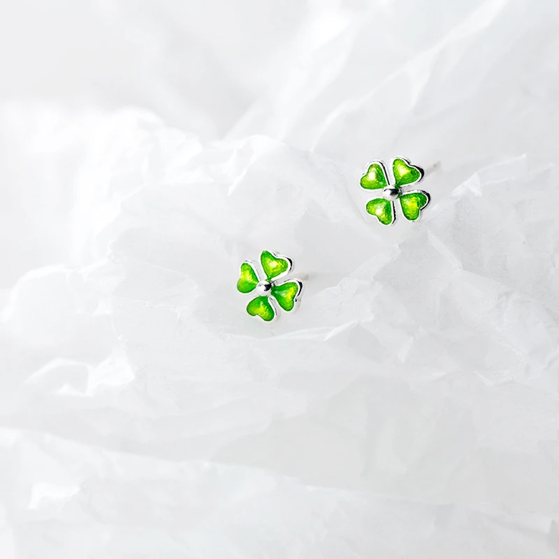 Женские серьги-гвоздики из серебра 925 пробы с 4 зелеными листьями | Украшения и