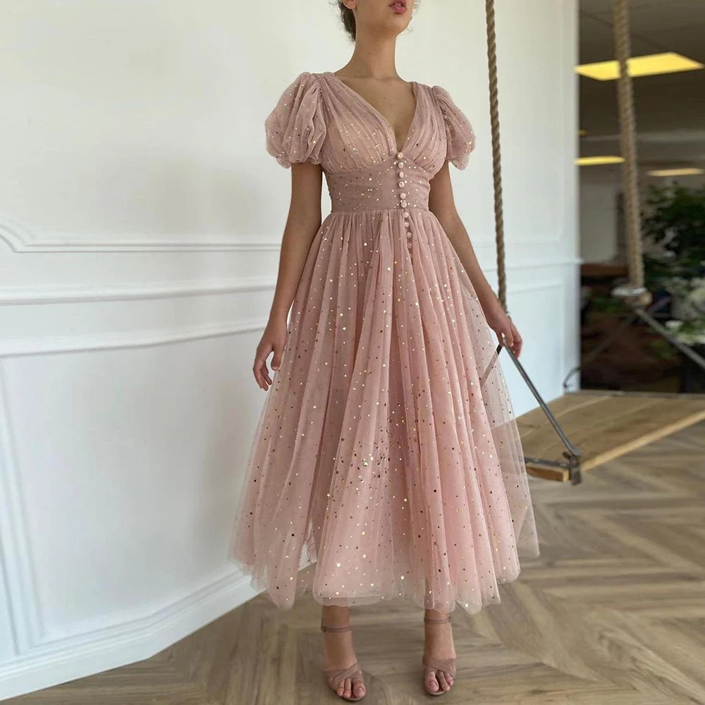 

Tea Length Pastrol A Line Prom Dresses Short Sleeves Shinny Evening Party Gown V Neck With Button Woman;s Robe De Soriee 2021