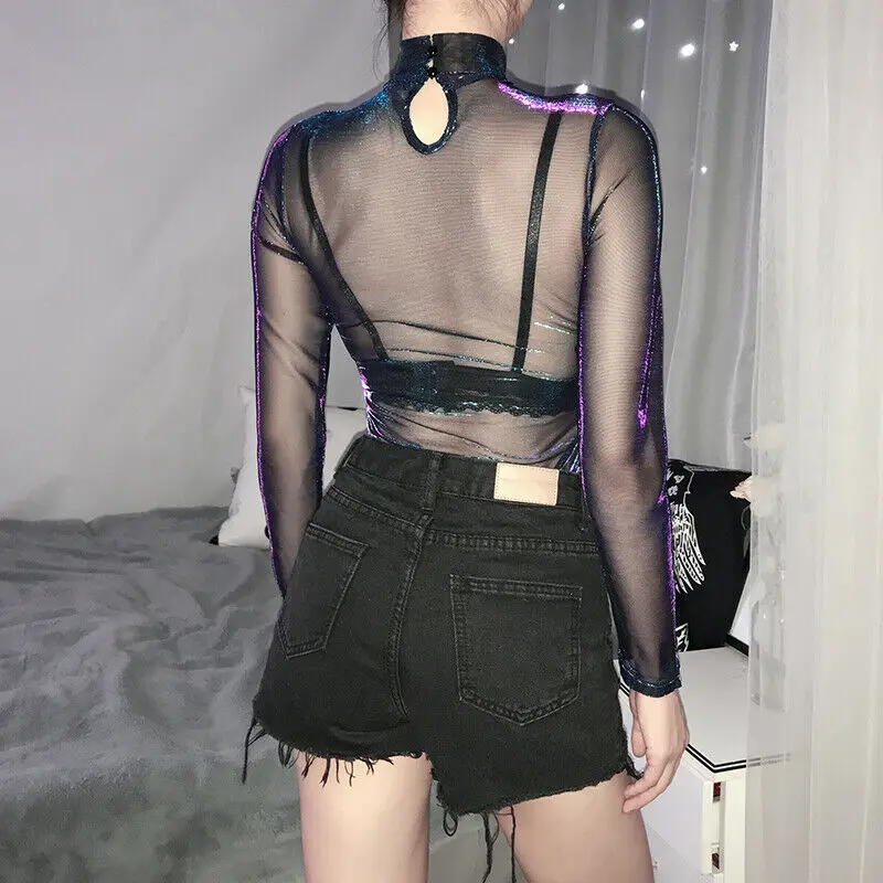 Women Sexy Bodysuit Bodycon Jumpsuit Mesh Sheer See through Romper Leotard Tops Ladies Playsuit Long Sleeve Bodysuits