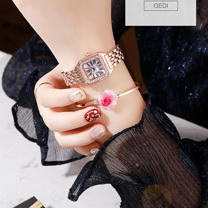 Часы женские кварцевые с квадратным циферблатом из нержавеющей стали | Наручные