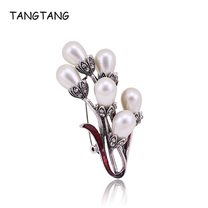 TANGTANG Flower Brooch For Women Simulated Pearl Brooches Morning Glory Antique Silver Plated Pin Enamel Article Jewelry | Украшения и
