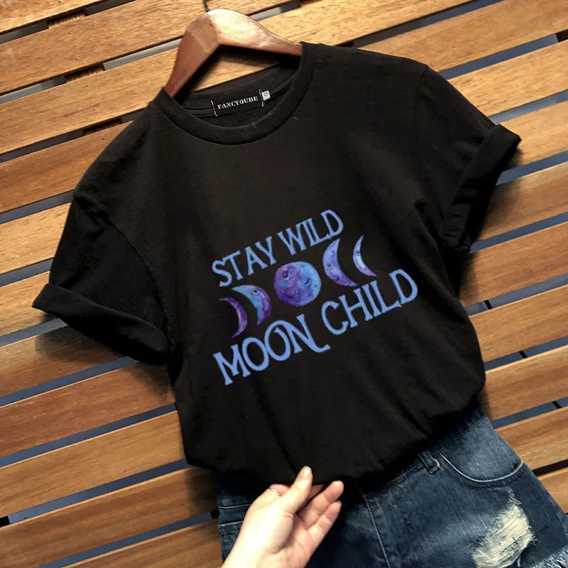Gothic Women's Tshirt STAY WILD MOON CHILD Print T-shirts Female Short Sleeve Tees camiseta de las mujeres