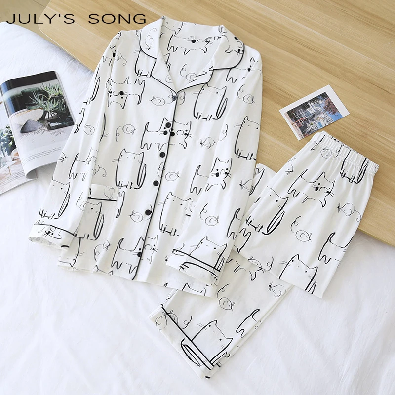 

Одежда для сна JULY'S SONG Женская хлопковая, комплект из 2 предметов, длинные брюки с длинным рукавом, милый Повседневный домашний пижамный комп...
