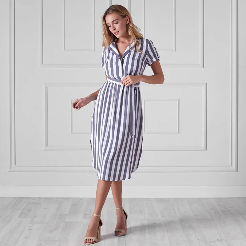 2019 Винтаж женские пояса платье в полоску короткий рукав с отложным воротником