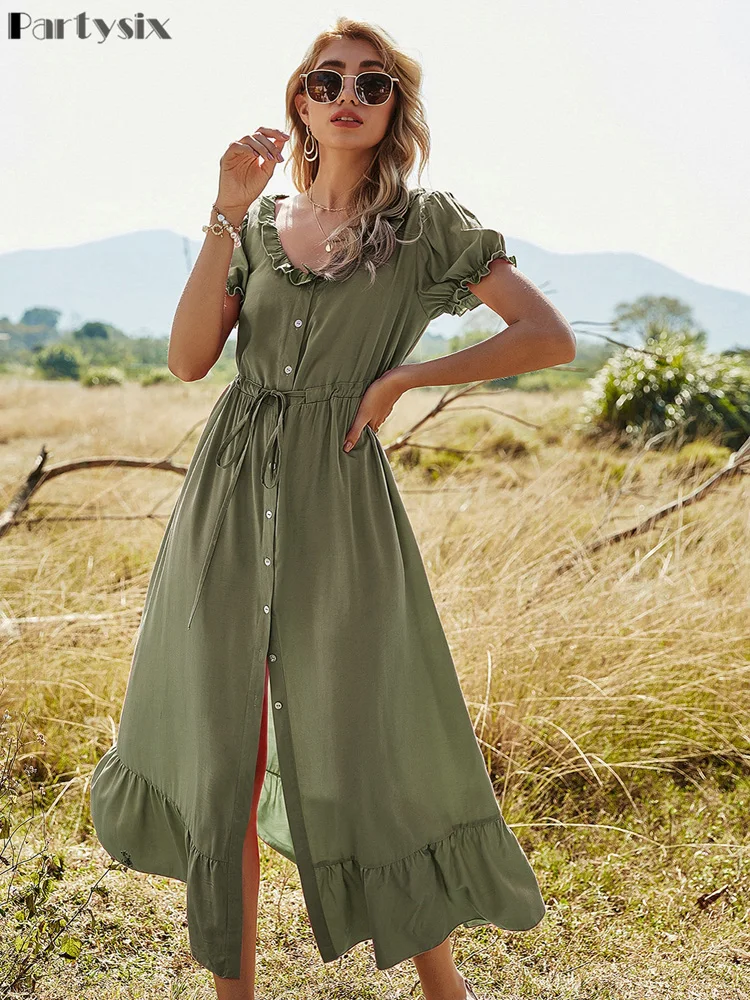 

New Ladies Puff Sleeve Long Dress Women Solid Ruffles Button High Waist V Neck Elegant Casual Women Summer Dress Female Vestidos