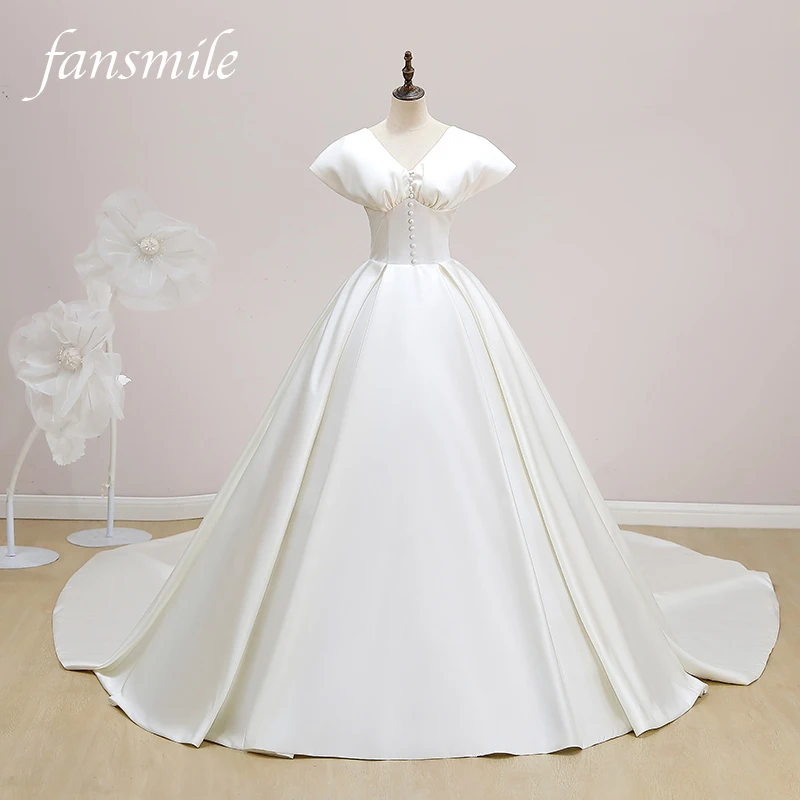 

Fansmile V-Neck Lantern Sleeve Vestido de Noiva Wedding Dress 2021 Cathedral Train Elegant Satin Bridal Ball Gowns FSM-191T