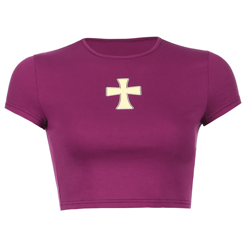 

Rockmore Summer Purple Printing O Neck Short Sleeve T-shirts Y2K Aesthetics Kawaii Crop Top Cute Baby Tees 90S Vintage Tshirt
