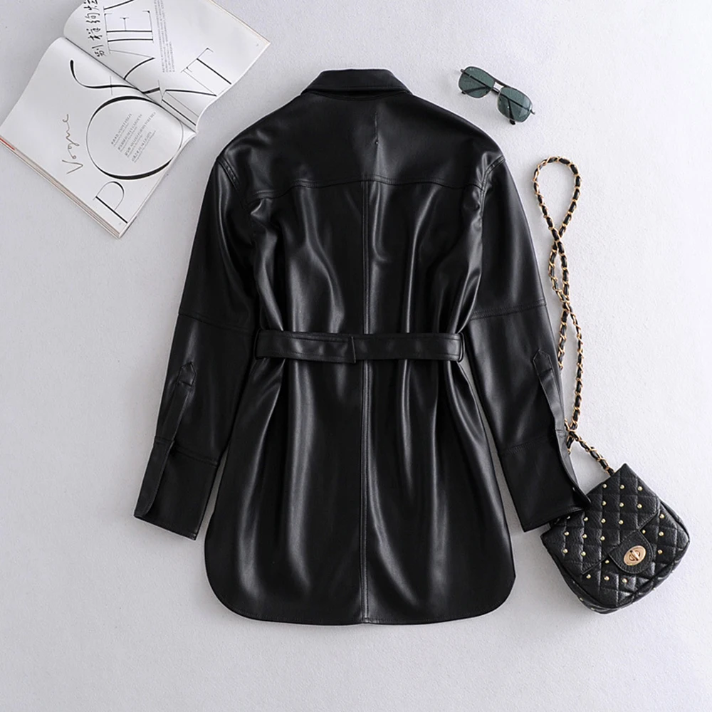 Women 2021 Fashion With Belt Faux Leather Loose Jacket Coat Vintage Long Sleeve Pockets Female Outerwear Chic Tops