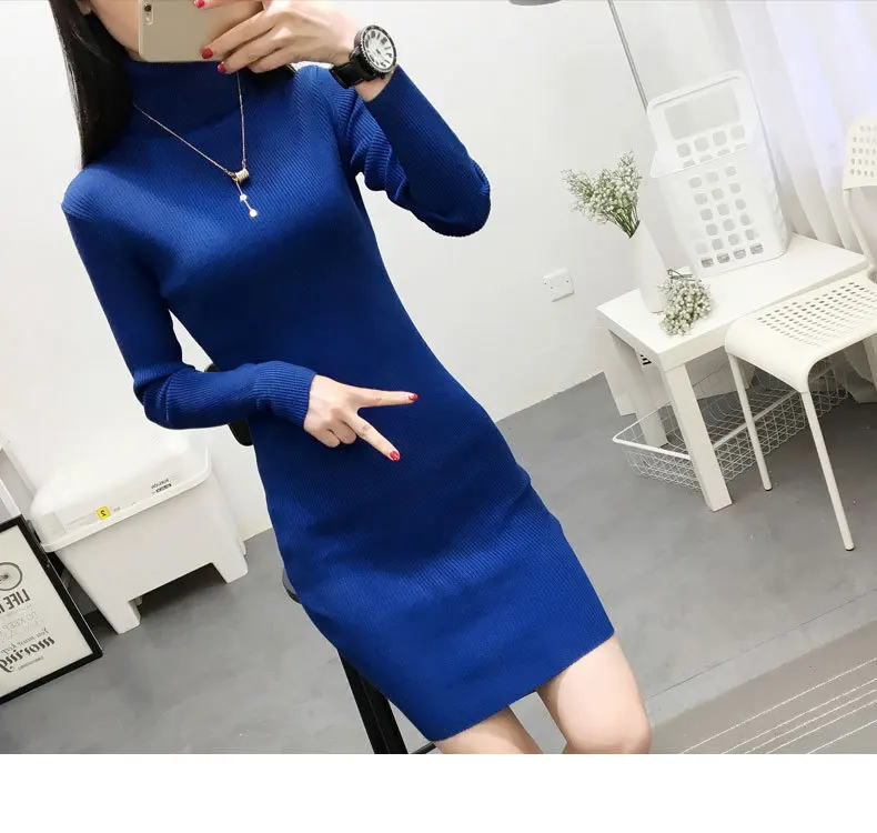 

Winter Autumn Women Sweater Dresses Long Sleeve Turtleneck Sheath Solid Knee-Length Knitted Sexy Knitting Dress vestidos