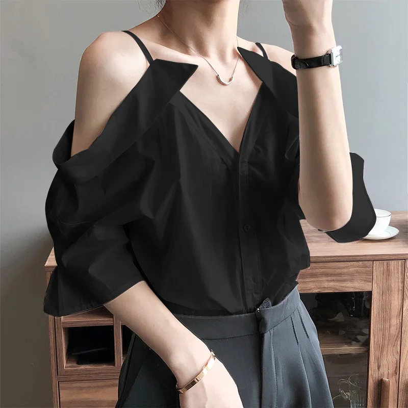 

Women's Summer Blouses ZANZEA 2021 Elegant Off Shoulder Shirts Casual V-Neck Tops Female Spaghetti Strap Button Blusas