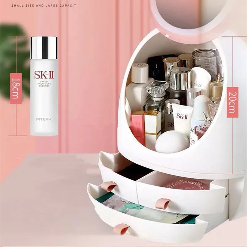 

Egg-shape LED Light Desktop Organizer HD Mirror Bedroom Makeup Organizer Creative Cosmetic Storage Box Protable Beauty Box