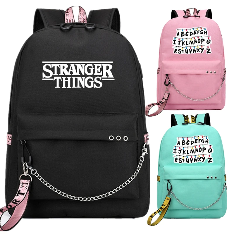 Stranger Things USB Backpack School Book Bags Fans Travel Bags Laptop Chain Backpack Headphone USB Port