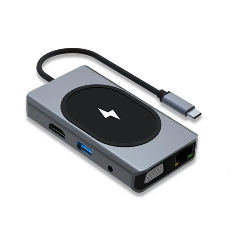 

Type-c To HDMI-compatible PD RJ45 VGA 9-in-1 Docking Station With 15W Wireless Charger TF SD Jack3.5mm For Macbook Pro/Air M1