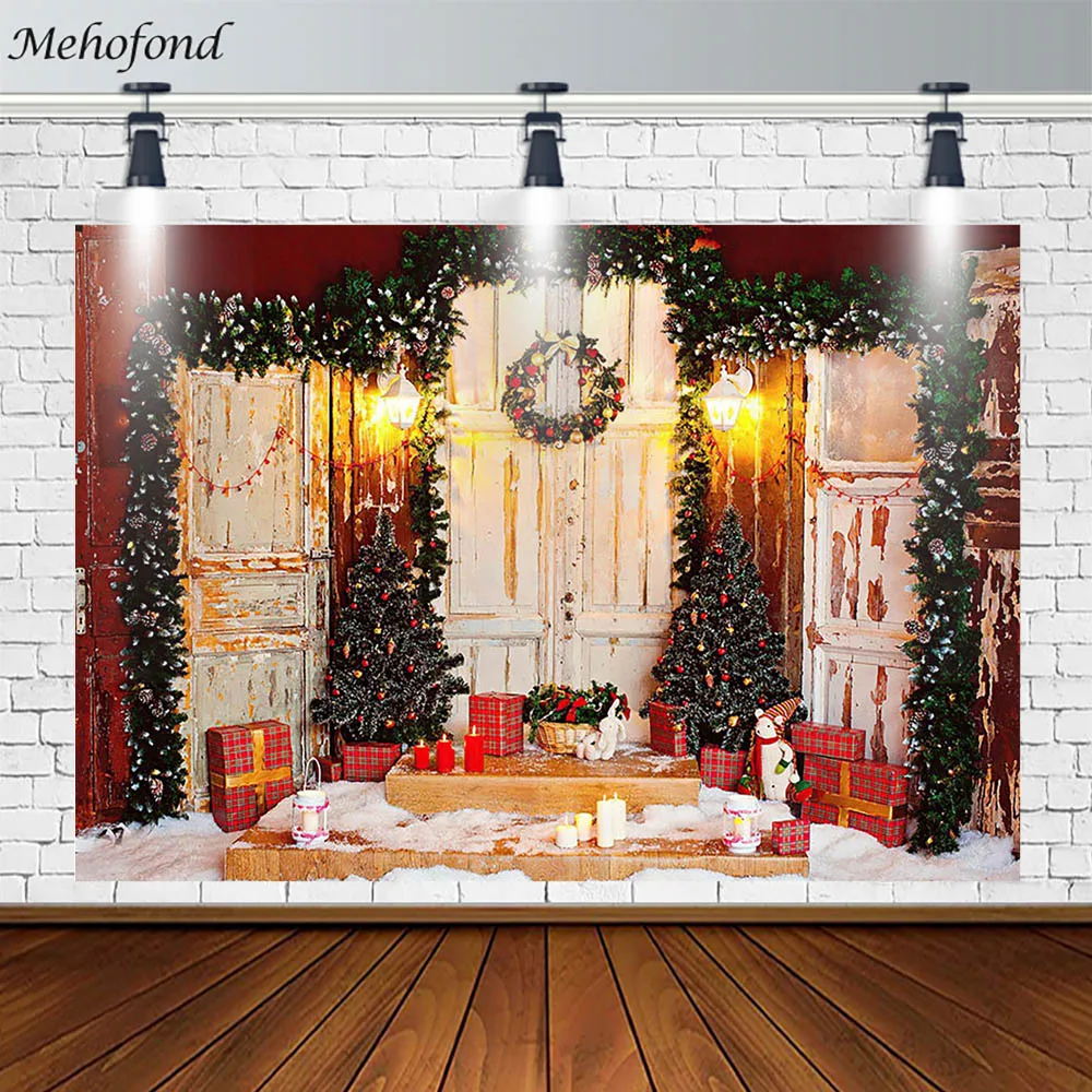 

Фон Mehofond с надписью "Merry Christmas", деревянная дверь, венок, дерево, кролик, Декор, фотография, фотостудия, баннер, фотозона