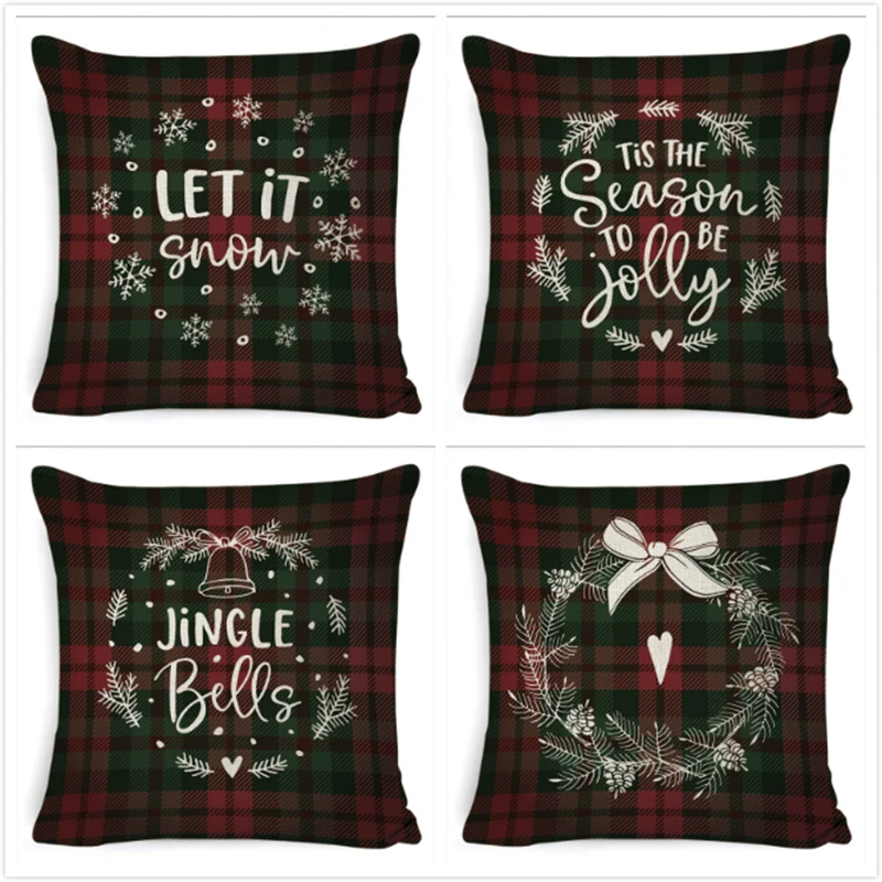 

Red Plaid Christmas Cushion Cover Xmas Decor Pillowcase Classic Throw Pillow Case Printed Deer Tree Cushion Case Home Decorative